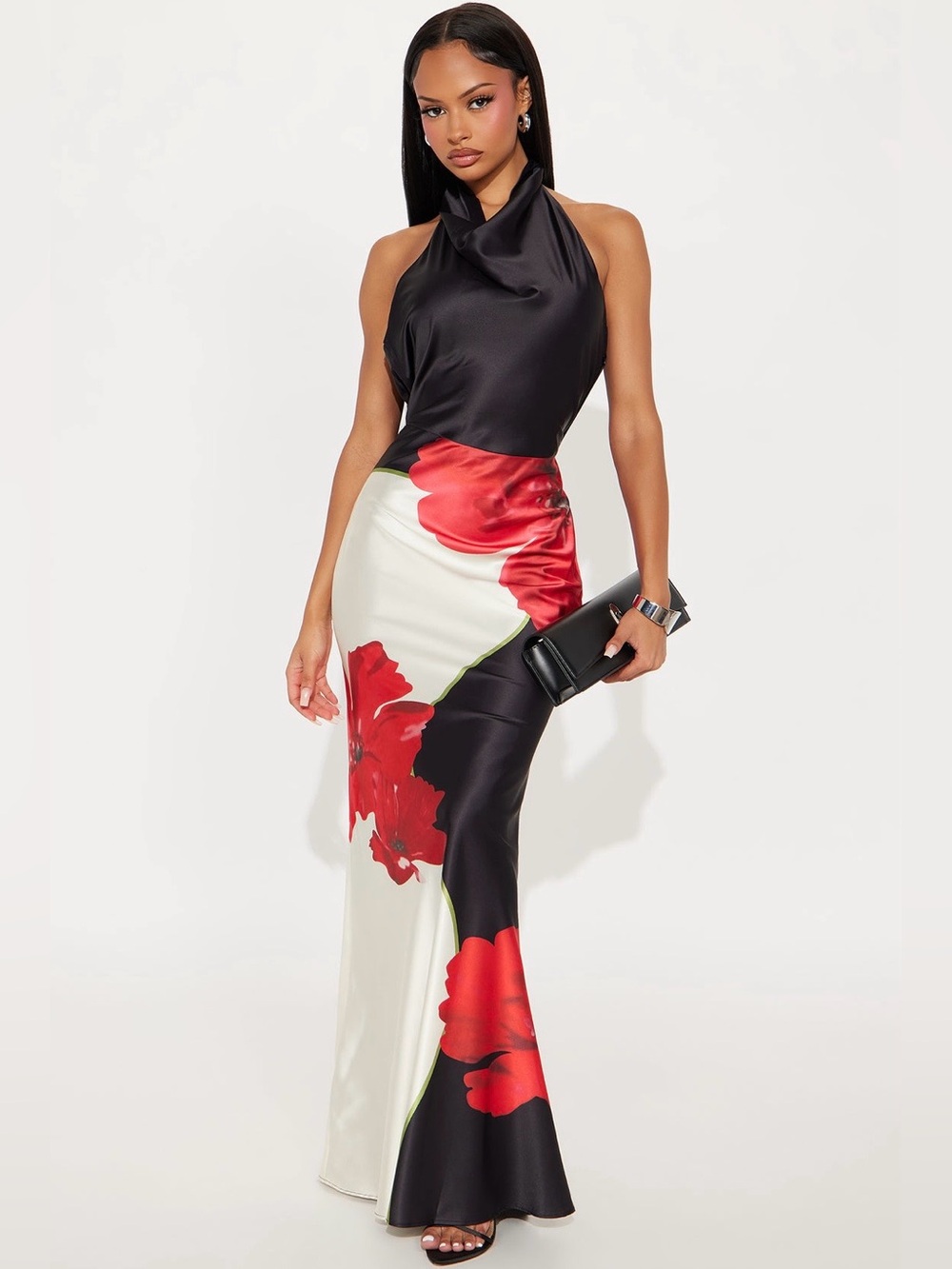 Floral Colorblock Satin Mermaid Skirt - Red & Black